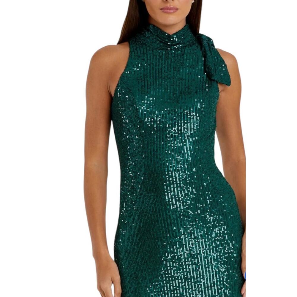 Mac Duggal Teal Sequined Soft Tie Halter Neck Column Gown Style 11280 Size 2 NEW - Picture 3 of 10